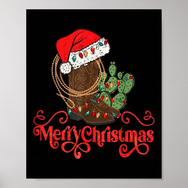 Retro Merry Xmas Santa Hat Cowboy Boots Western Ch Poster (Front)