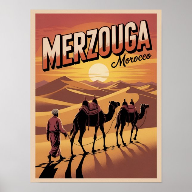 Retro Merzouga sahara camel ride morocco travel gi Poster (Front)