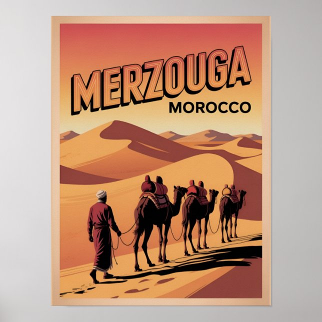 Retro Merzouga sahara camel ride morocco travel  Poster (Front)