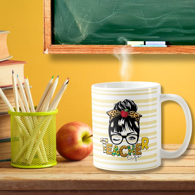 Retro Messy Bun Sunflower Leopard Stripes Teacher  Coffee Mug (Teacher Life Messy Bun Typography Sun Flower & Leopard Print Eyeglasses and Yellow Stripe Coffee Mug)