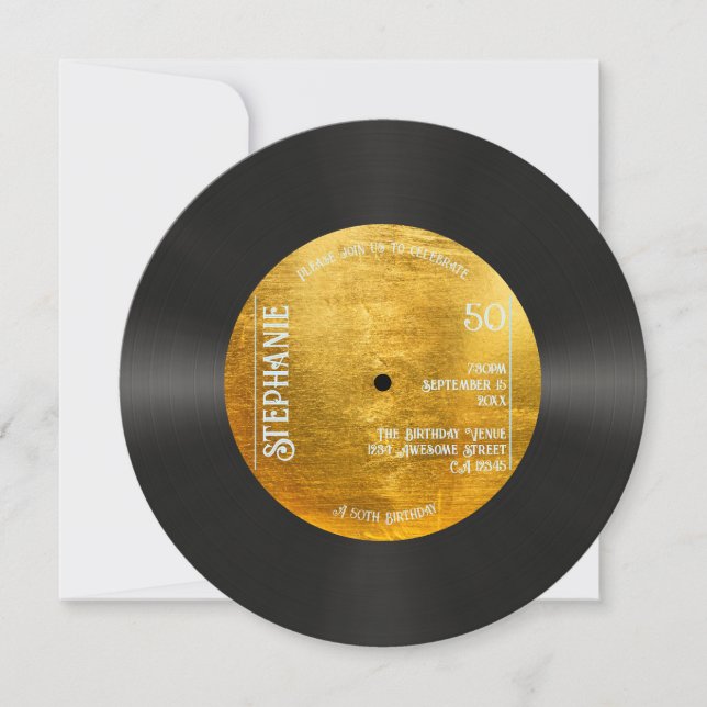 Retro Metallic Gold Record Music 50th Birthday Invitation (Front)