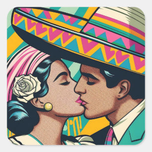 Retro Mexican Kiss Festive Fiesta Sombrero Square Sticker