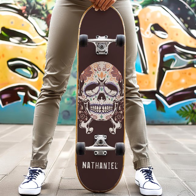 Retro Mexican Sugar Skull Custom Name Skateboard (Creator Uploaded)