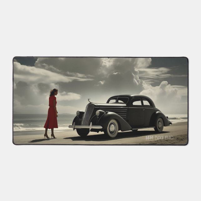 Retro Miami Beach 1940's roadster on the beach Desk Mat (Front)