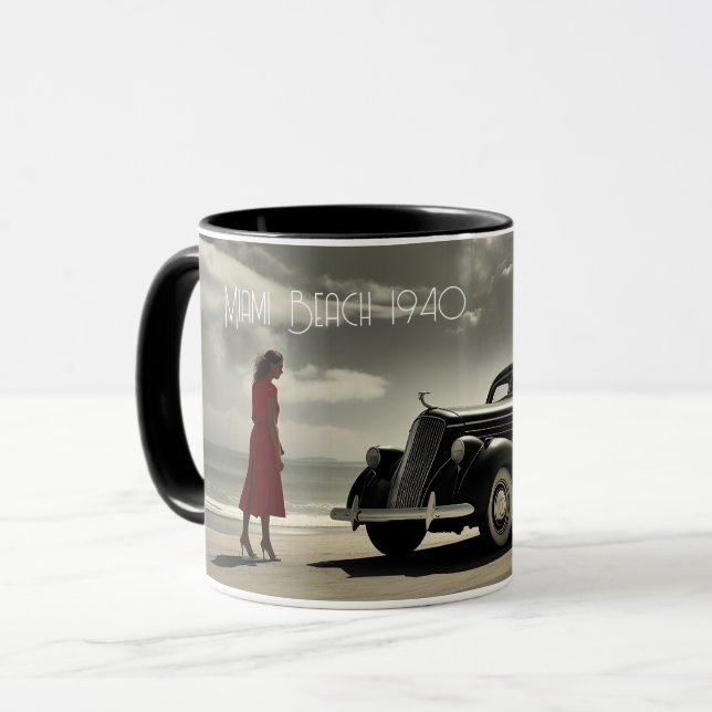 Retro Miami Beach 1940's roadster on the beach Mug (Front Left)