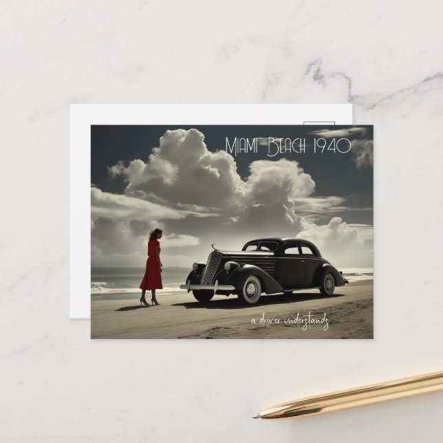 Retro Miami Beach 1940's roadster on the beach Postcard (Front/Back In Situ)