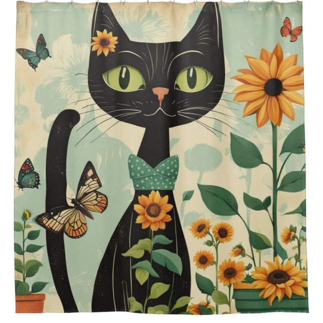 Retro Mid-Century 1950s Black Cat Shower Curtain (Front)