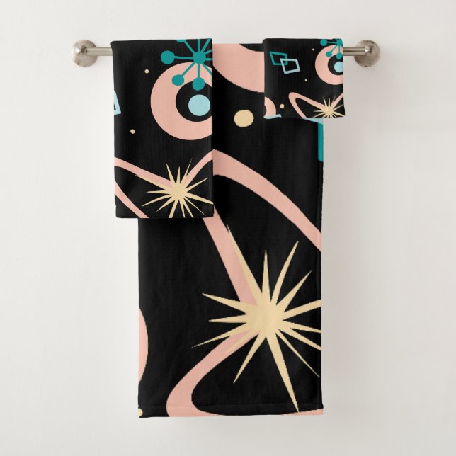 Retro Mid Century Abstract Pattern Teal And Coral Bath Towel Set (Insitu)