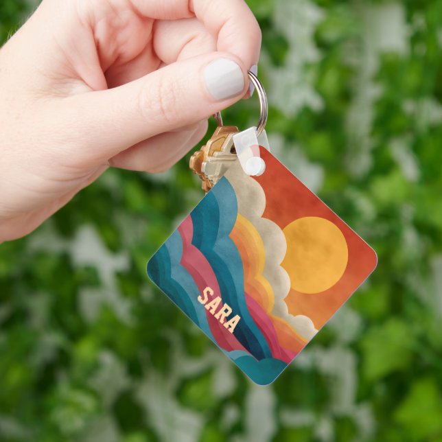 Retro Mid-Century Abstract Sunset Clouds Keychain  (Hand)