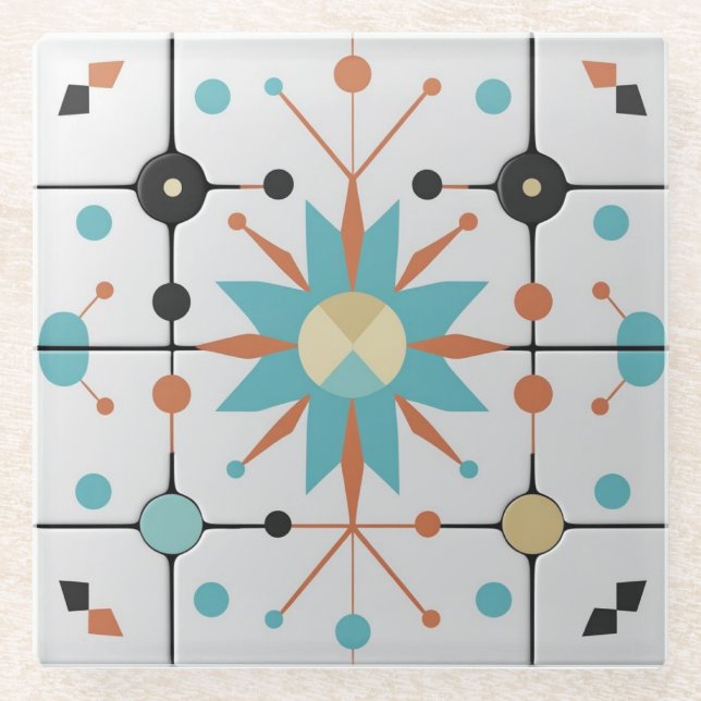 Retro Mid Century Atomic Geometric Pattern Glass Coaster (Front)