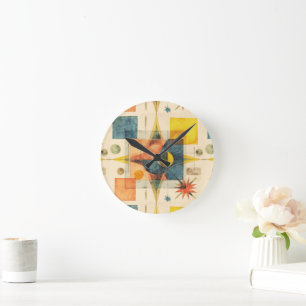 Retro Mid Century Atomic Geometric Pattern Round Clock