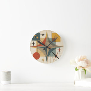 Retro Mid Century Atomic Geometric Pattern Round Clock
