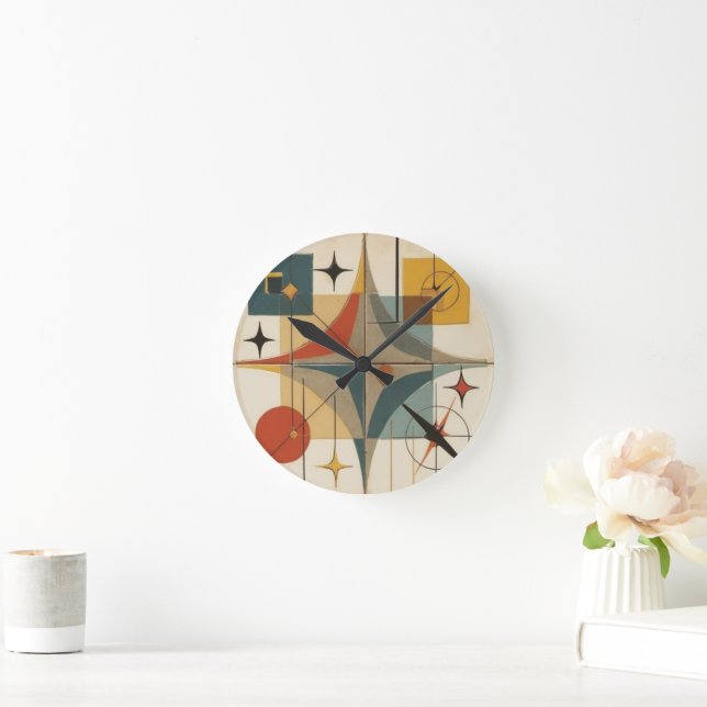 Retro Mid Century Atomic Geometric Pattern Round Clock (Home)