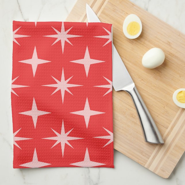 Retro Mid Century Atomic Stars Pattern on Red  Tea Towel (Quarter Fold)