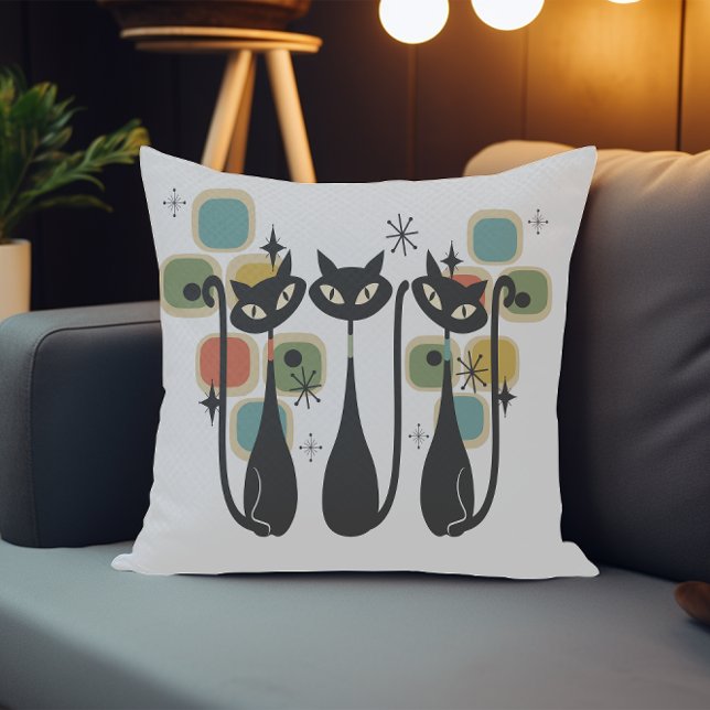 Retro Mid Century Black Atomic Cats  Cushion (Retro Mid Century Black Atomic Cats Throw Pillow)