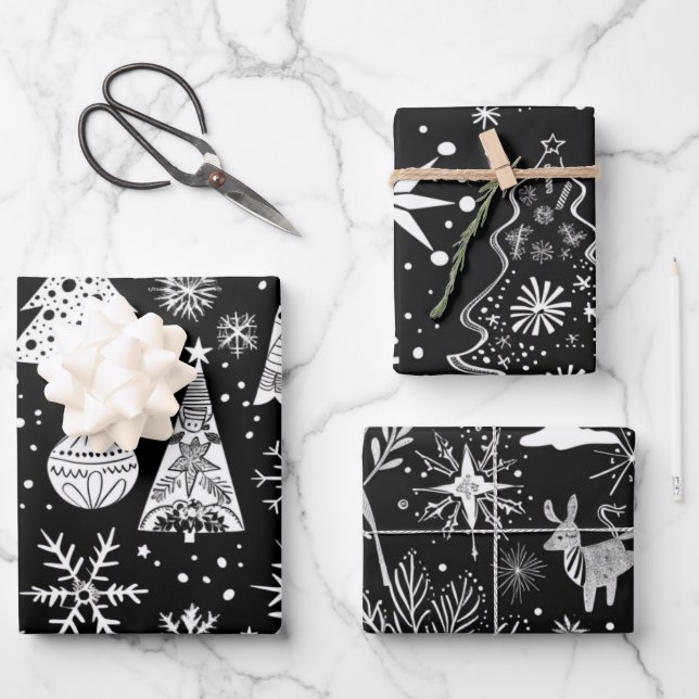 Retro Mid-Century Black & White Ornament Pattern Wrapping Paper Sheet (Front)