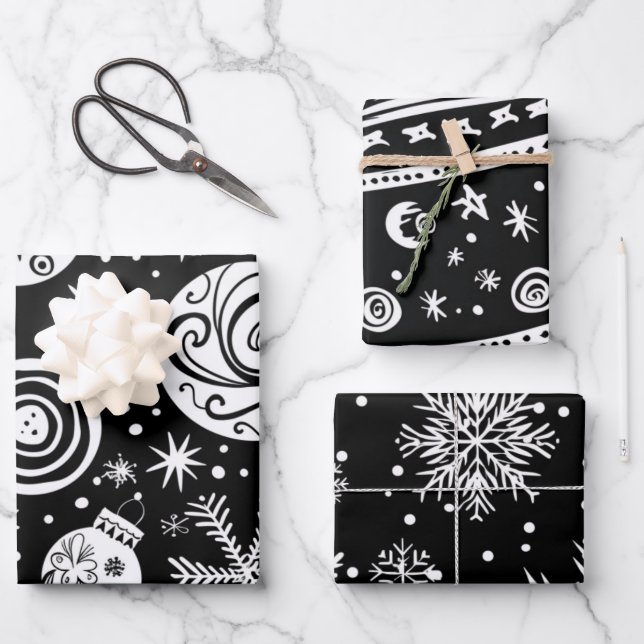 Retro Mid-Century Black & White Ornament Wrapping Paper Sheet (Front)