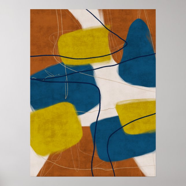 Retro Mid Century Brown and Blue Modern Abstract Poster (Front)