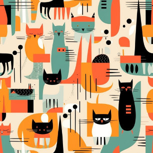 Retro Mid Century Cat Illustration Wrapping Paper Sheet