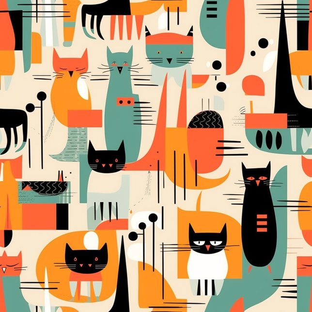 Retro Mid Century Cat Illustration Wrapping Paper Sheet (Creator Uploaded)