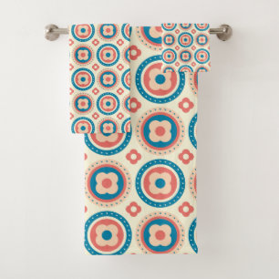 Retro Mid Century Circles and Flowers Blue, Peach  Bath Towel Set
