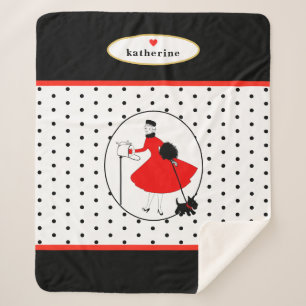 Retro Mid-Century Design Lady with Dog  Sherpa Blanket