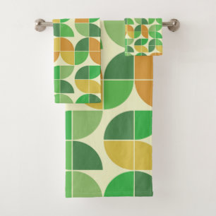   Retro Mid Century  Geometric Floral  Green     Bath Towel Set