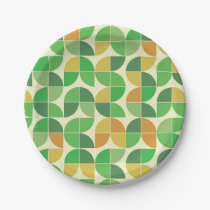 Retro Mid Century Geometric Floral Green Paper Plate