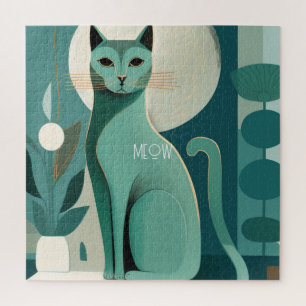 Retro Mid Century Green Cat Jigsaw Puzzle
