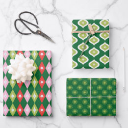 Retro Mid Century Green & Red Christmas Wrapping Paper Sheet