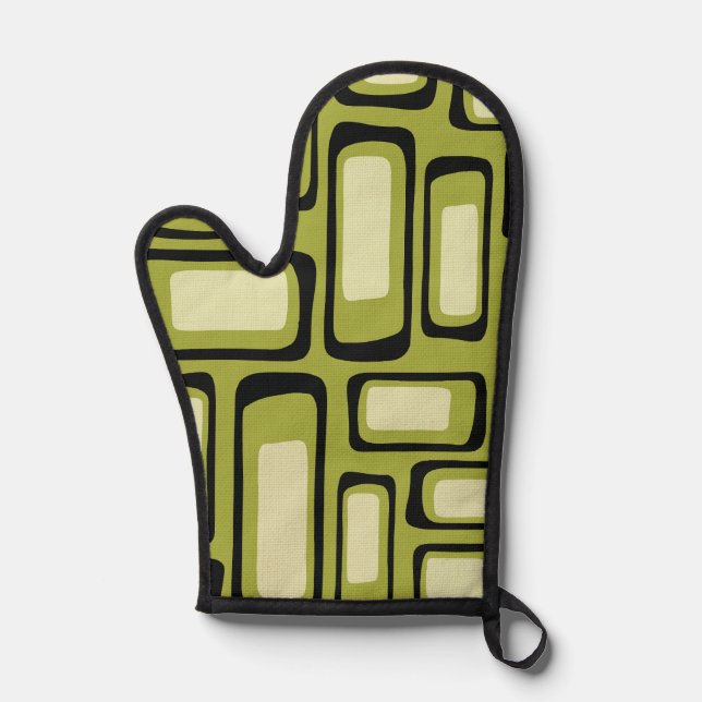 Retro Mid-Century Green Rounded Rectangle Grid  Oven Mitt (Front)