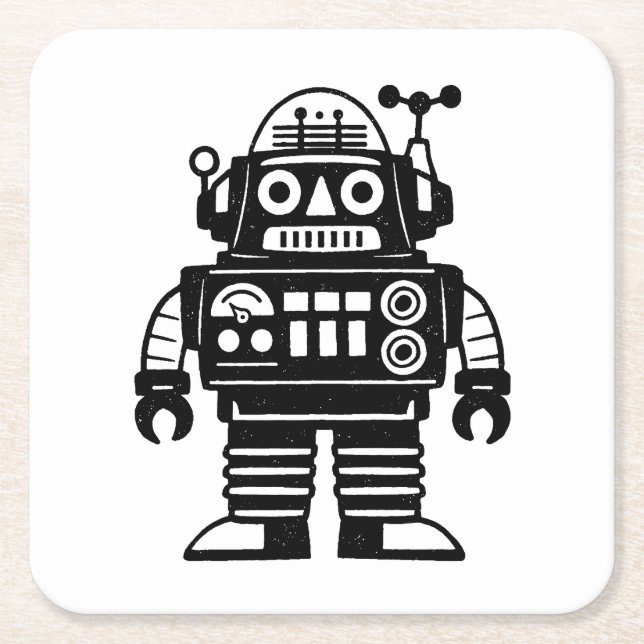 Retro Mid Century Inspired Robot Square Paper Coaster (Front)