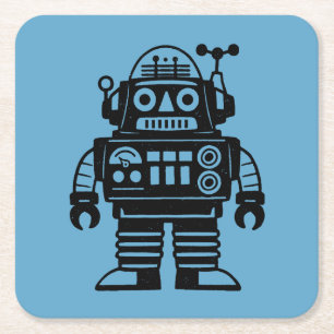 Retro Mid Century Inspired Robot Square Paper Coaster