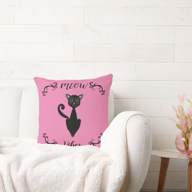 Retro Mid-Century Meow Vibes Black and Pink Cat  Cushion (Couch)