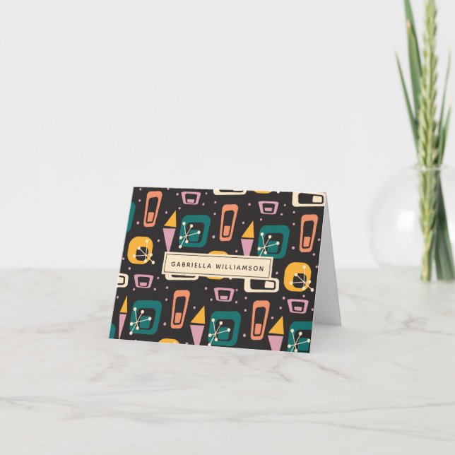 Retro Mid Century Mod Atomic Black Personalised Note Card (Front)