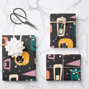 Retro Mid Century Mod Atomic Space Age Black Wrapping Paper Sheet
