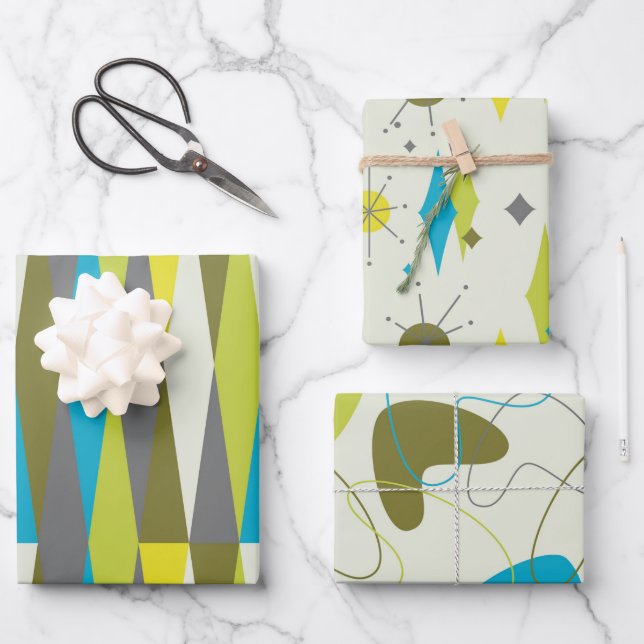 Retro Mid Century Mod Atomic Space Age Blue Green Wrapping Paper Sheet (Front)