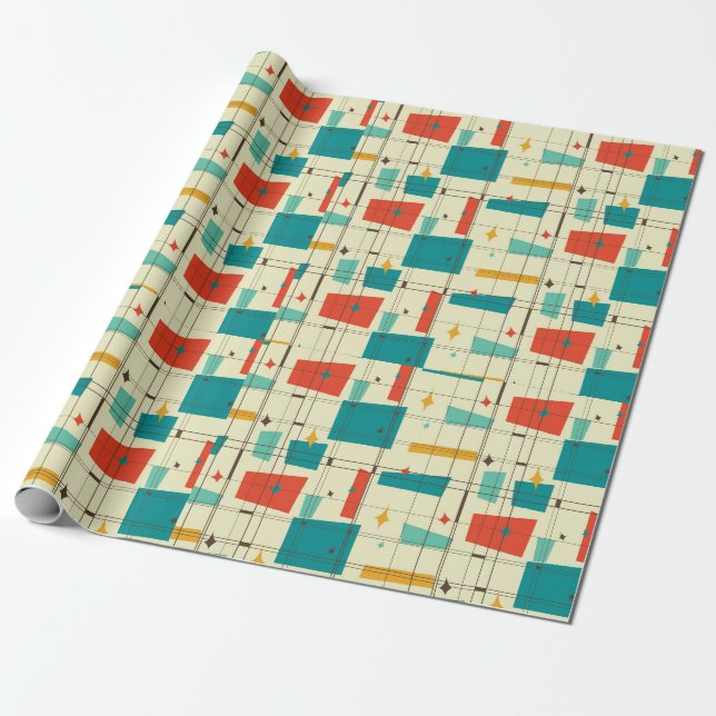 Retro Mid Century Mod Atomic Space Age Teal Red Wrapping Paper (Unrolled)
