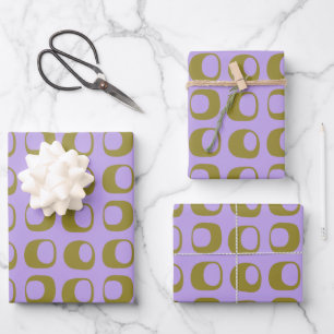 Retro Mid Century Mod Pattern Olive and Lavender Wrapping Paper Sheet