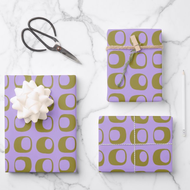 Retro Mid Century Mod Pattern Olive and Lavender Wrapping Paper Sheet (Front)