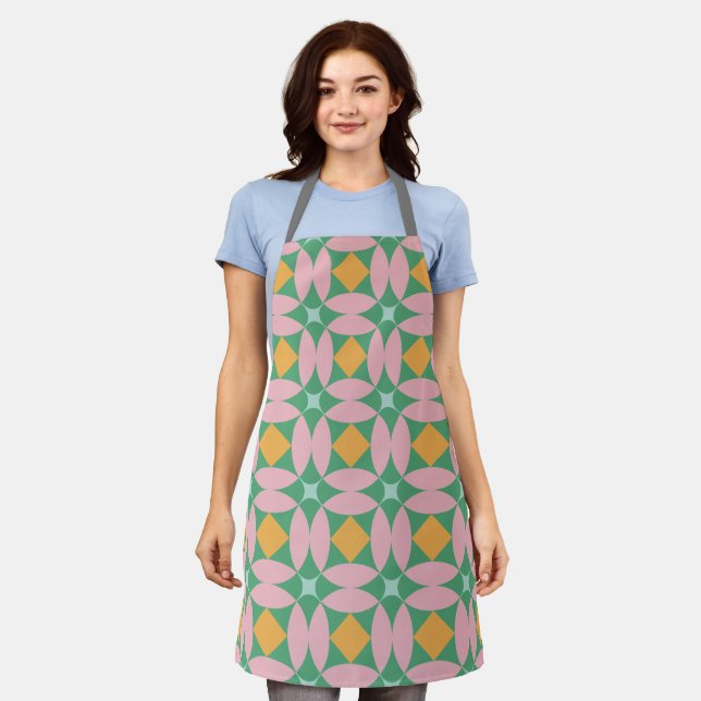 Retro Mid Century Mod Shapes Pattern | Pink Green Apron (Worn)