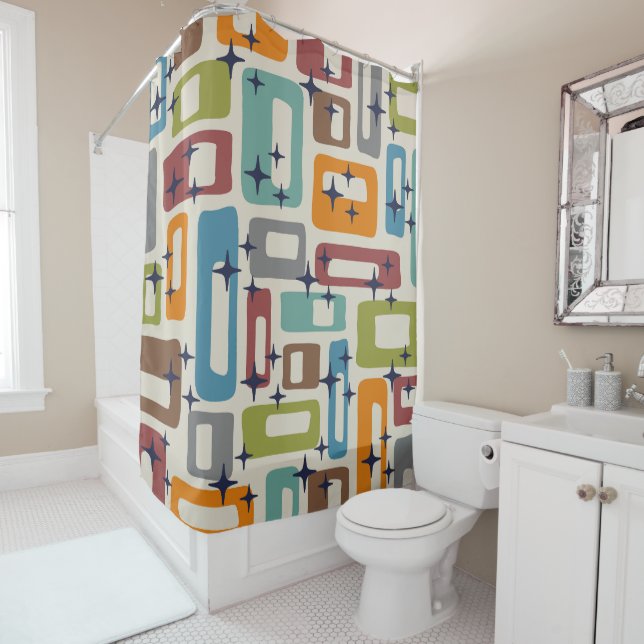 Retro Mid Century Modern Abstract Pattern Shower Curtain (In Situ)