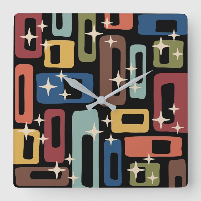 Retro Mid Century Modern Abstract Square Wall Clock (Front)