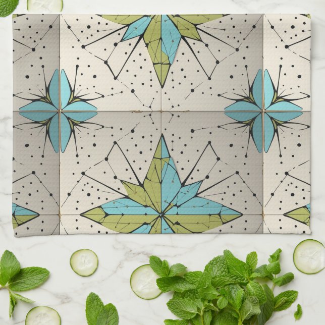 Retro Mid Century Modern Atomic Geometric Pattern Tea Towel (Folded)