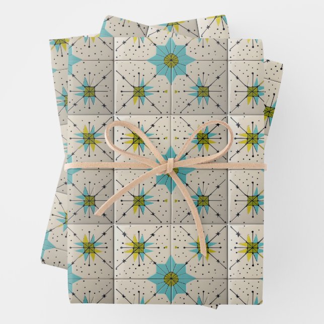 Retro Mid Century Modern Atomic Geometric Pattern Wrapping Paper Sheet (In situ)