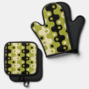 Retro Mid Century Modern Atomic Pattern Oven Mitt & Pot Holder Set