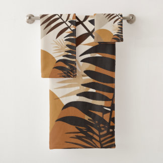 Retro mid century modern autumn floral palm leaf bath towel set