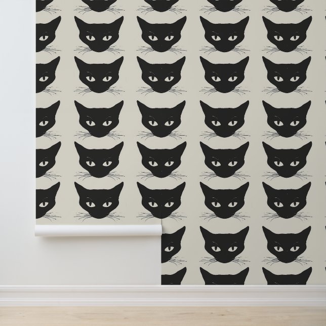 Retro Mid Century Modern Black Cat Face Removable Wallpaper (Application)