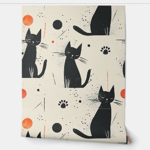 Retro Mid Century Modern Black Cat Removable Wallpaper