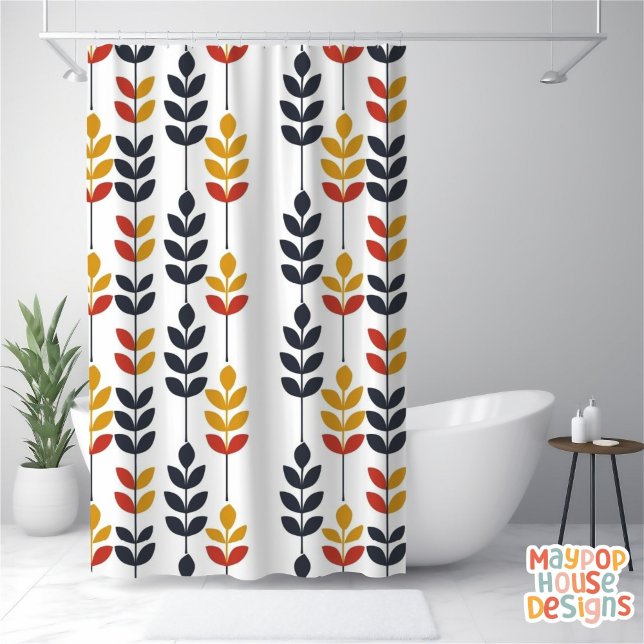 Retro Mid Century Modern Botanical Abstract Shower Curtain (mid century modern shower curtain bathroom decor)